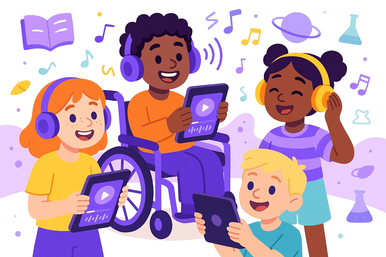 Diverse children listening to educational podcasts together, including a child in a wheelchair, all wearing headphones and holding tablets with happy expressions