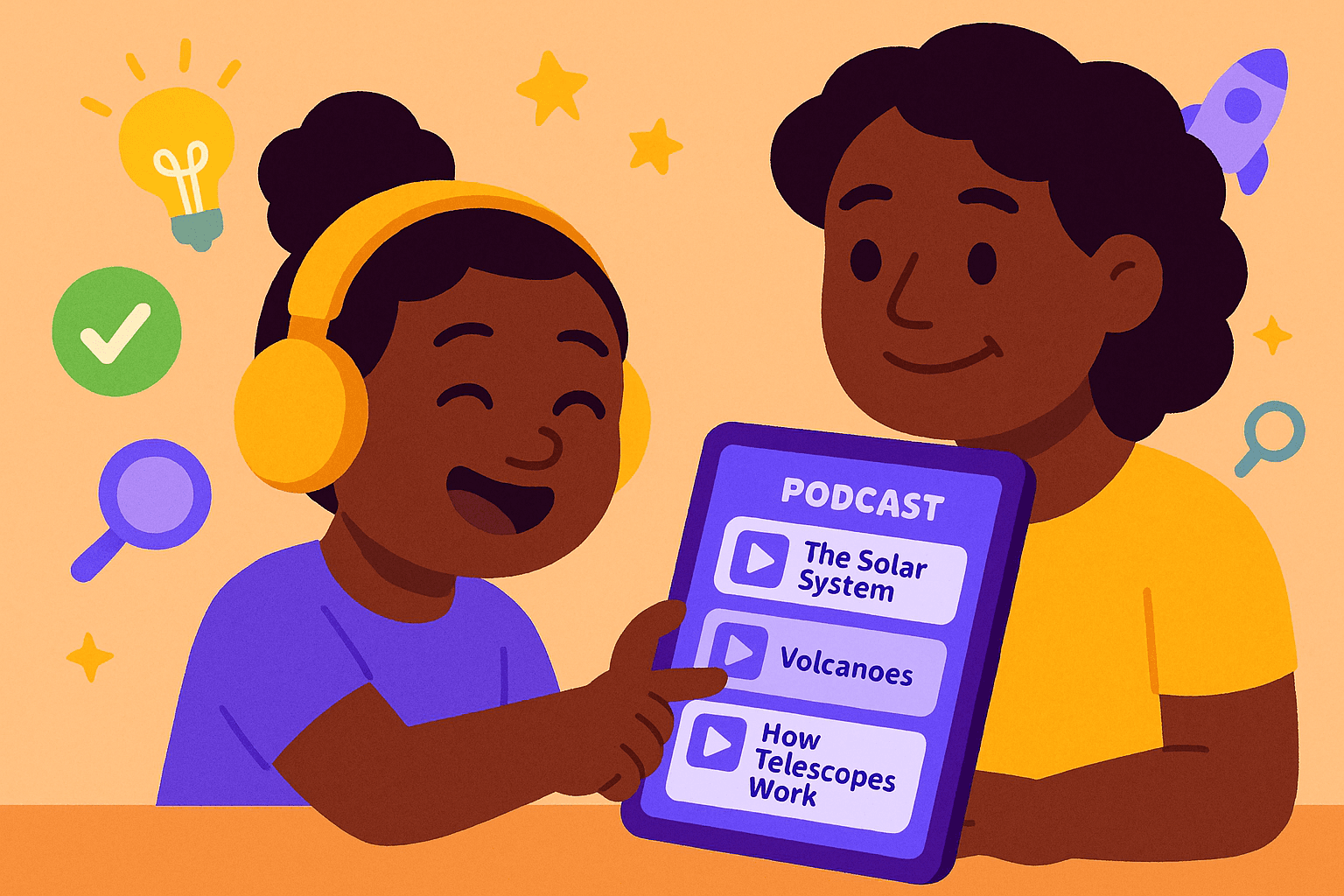 Child selecting a podcast topic from a colorful wheel of choices